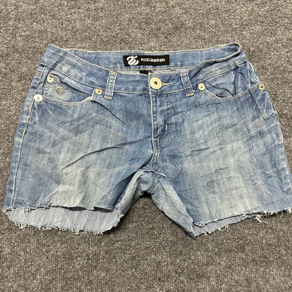 Rocawear Denim Shorts Womens Size 7 Blue Low Rise Cutoff Raw Hem Embroidered Y2K